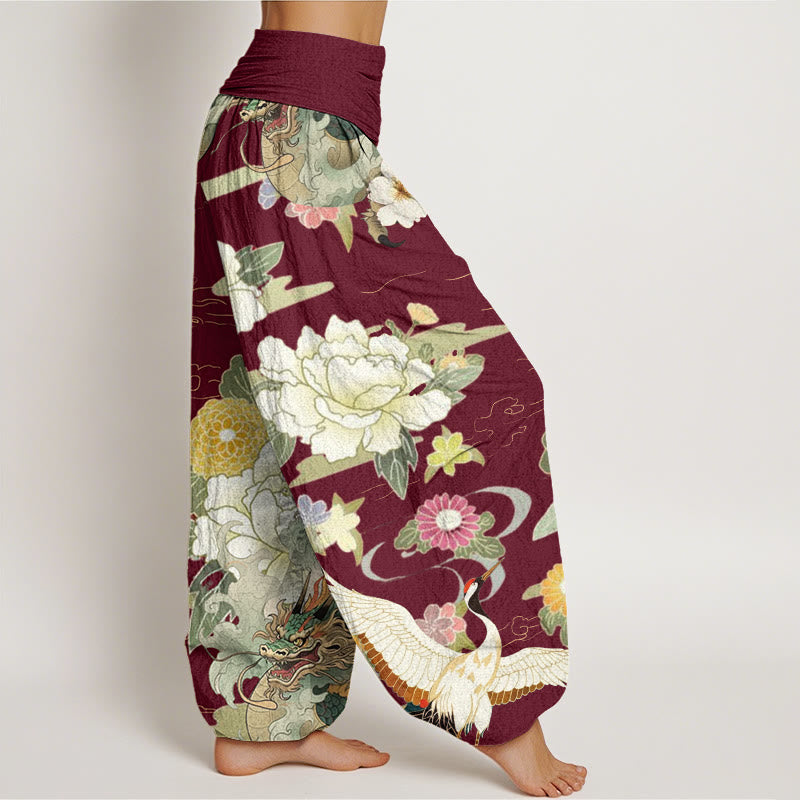 Pantalon Buddha Stones décontracté à taille élastique pour femme, motif dragon, grue à couronne rouge, pivoine - image 2