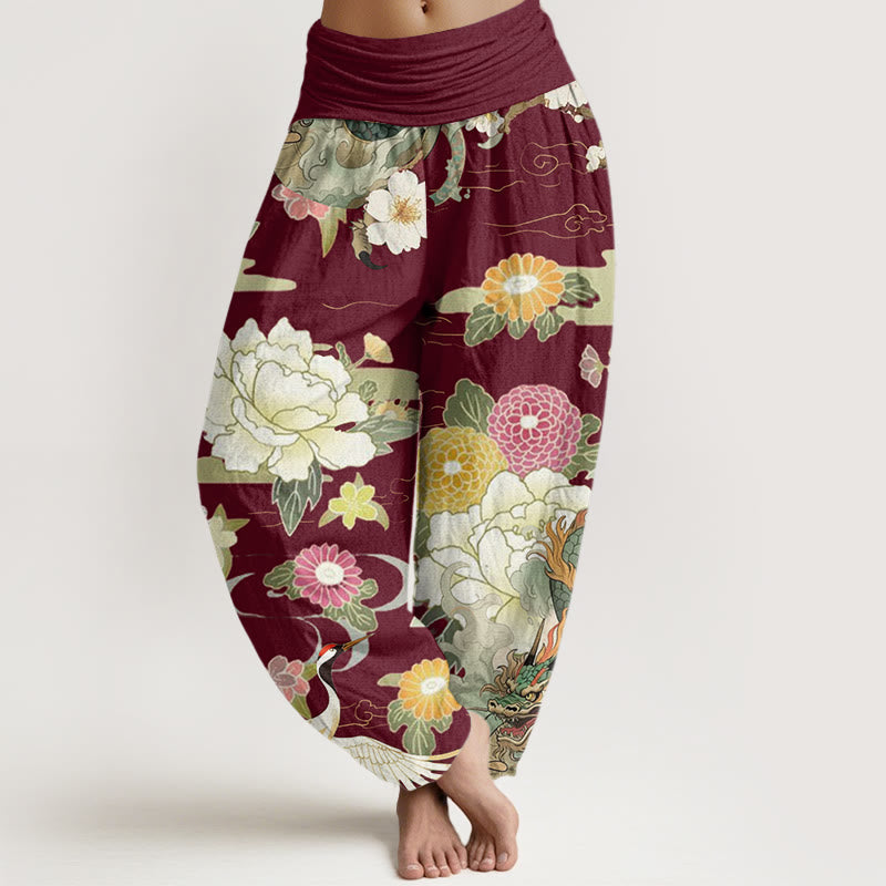 Pantalon Buddha Stones décontracté à taille élastique pour femme, motif dragon, grue à couronne rouge, pivoine - Bordeaux - US22，UK/AU26，EU54 (6XL) - image 1