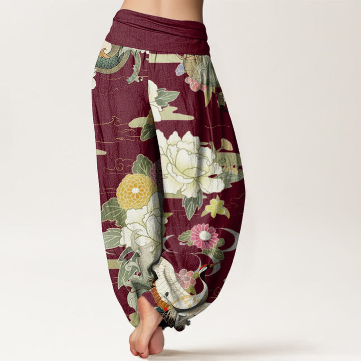 Pantalon Buddha Stones décontracté à taille élastique pour femme, motif dragon, grue à couronne rouge, pivoine - image 3