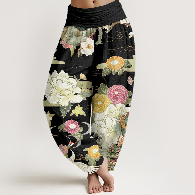 Pantalon Buddha Stones décontracté à taille élastique pour femme, motif dragon, grue à couronne rouge, pivoine - Noir - US22，UK/AU26，EU54 (6XL) - image 5