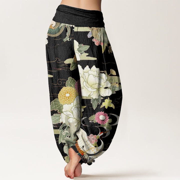 Pantalon Buddha Stones décontracté à taille élastique pour femme, motif dragon, grue à couronne rouge, pivoine - image 6