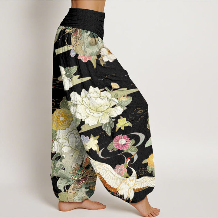 Pantalon Buddha Stones décontracté à taille élastique pour femme, motif dragon, grue à couronne rouge, pivoine - image 6