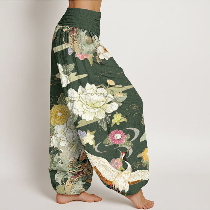 Pantalon Buddha Stones décontracté à taille élastique pour femme, motif dragon, grue à couronne rouge, pivoine - image 8
