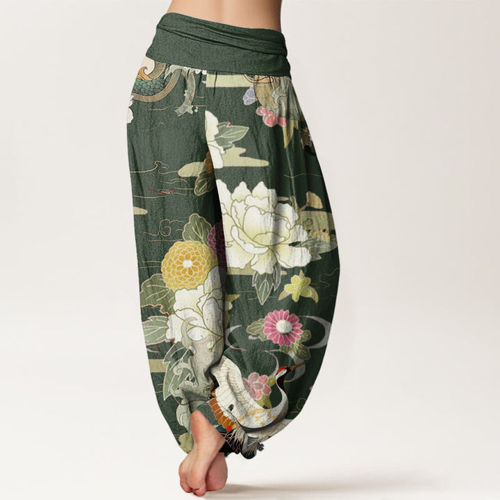 Pantalon Buddha Stones décontracté à taille élastique pour femme, motif dragon, grue à couronne rouge, pivoine - image 10