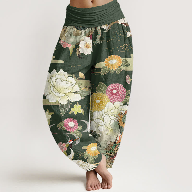Pantalon Buddha Stones décontracté à taille élastique pour femme, motif dragon, grue à couronne rouge, pivoine - OliveDrab - US22，UK/AU26，EU54 (6XL) - image 8