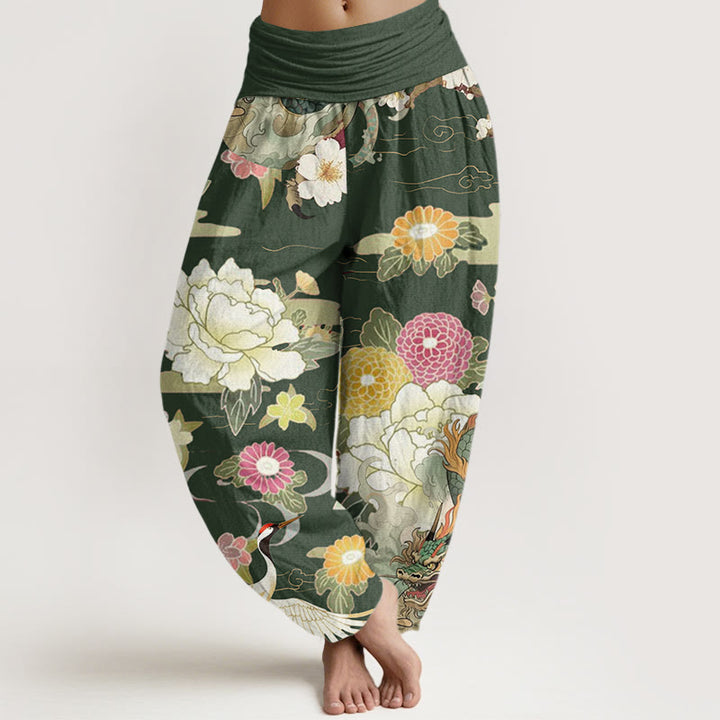 Pantalon Buddha Stones décontracté à taille élastique pour femme, motif dragon, grue à couronne rouge, pivoine - OliveDrab - US22，UK/AU26，EU54 (6XL) - image 8