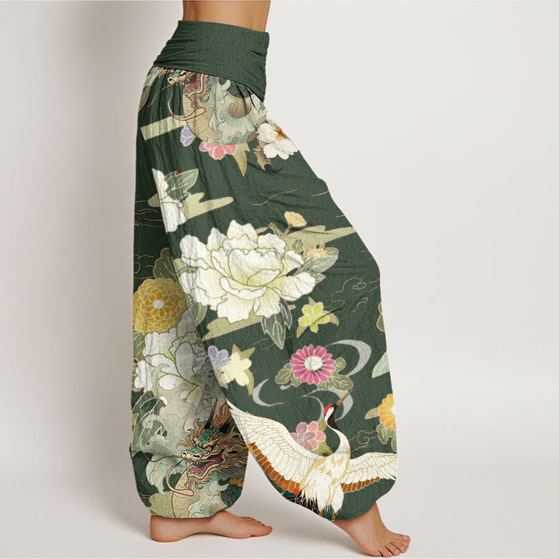 Pantalon Buddha Stones décontracté à taille élastique pour femme, motif dragon, grue à couronne rouge, pivoine - image 9