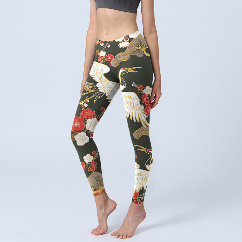 Leggings de sport imprimés Buddha Stones, grues couronnées rouges, fleurs de prunier et branches, pantalons de yoga pour femmes - Noir - US18，UK/AU22，EU50 (4XL) - image 1