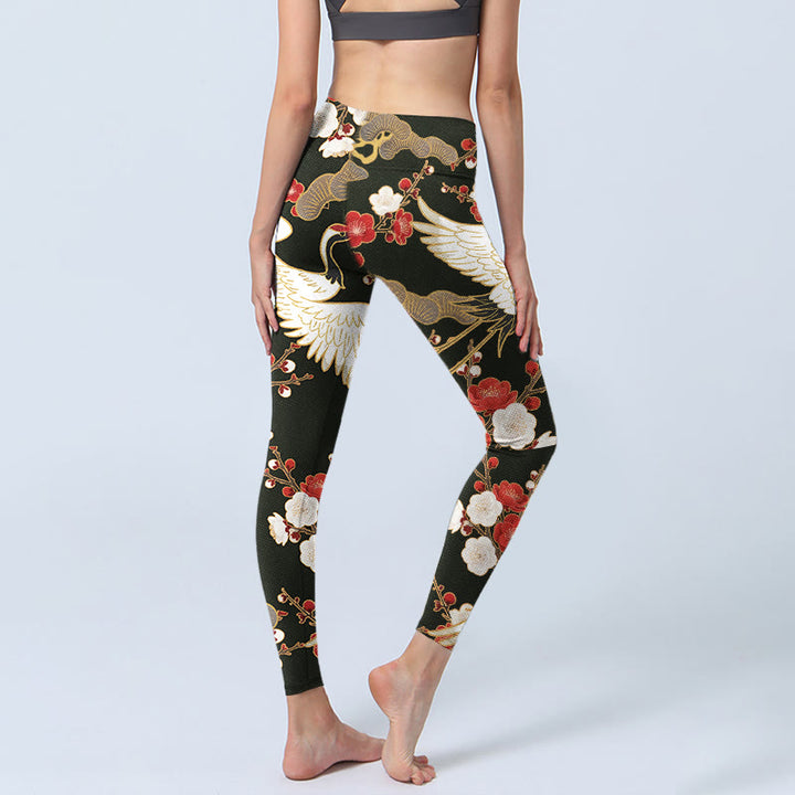 Leggings de sport imprimés Buddha Stones, grues couronnées rouges, fleurs de prunier et branches, pantalons de yoga pour femmes - image 5