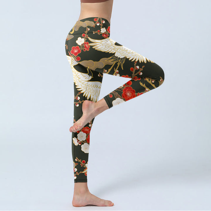 Leggings de sport imprimés Buddha Stones, grues couronnées rouges, fleurs de prunier et branches, pantalons de yoga pour femmes - image 3