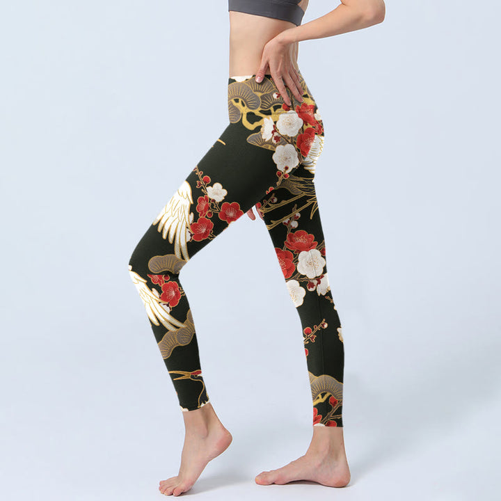Leggings de sport imprimés Buddha Stones, grues couronnées rouges, fleurs de prunier et branches, pantalons de yoga pour femmes - image 3