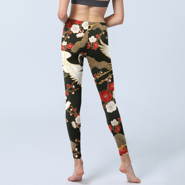 Leggings de sport imprimés Buddha Stones, grues couronnées rouges, fleurs de prunier et branches, pantalons de yoga pour femmes - image 6
