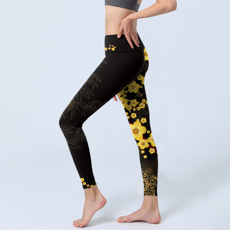 Leggings de sport imprimés Buddha Stones , fleurs de cerisier jaunes, feuilles de bambou et feux d'artifice, pantalons de yoga pour femmes - image 3