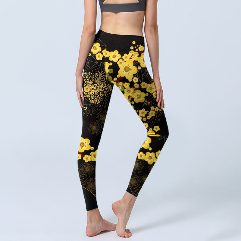 Leggings de sport imprimés Buddha Stones , fleurs de cerisier jaunes, feuilles de bambou et feux d'artifice, pantalons de yoga pour femmes - image 5
