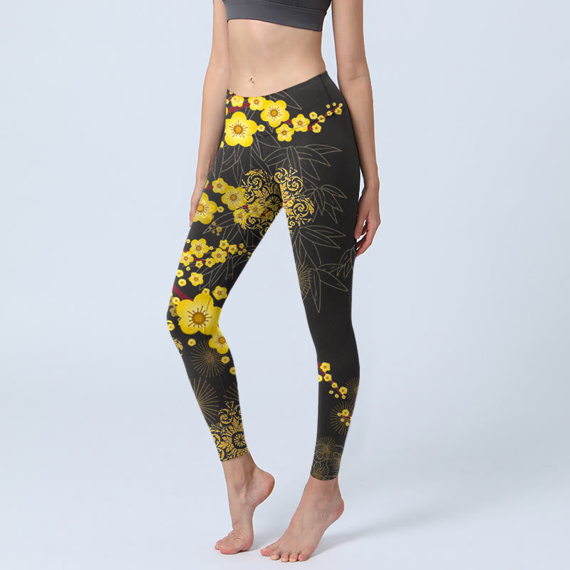 Leggings de sport imprimés Buddha Stones , fleurs de cerisier jaunes, feuilles de bambou et feux d'artifice, pantalons de yoga pour femmes - Noir - US18，UK/AU22，EU50 (4XL) - image 1