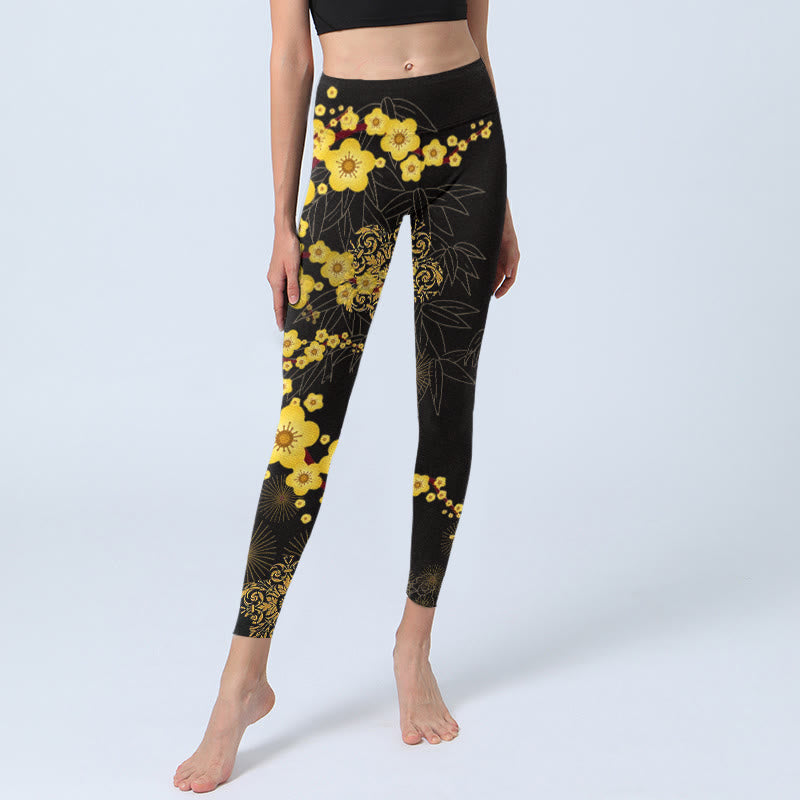 Leggings de sport imprimés Buddha Stones , fleurs de cerisier jaunes, feuilles de bambou et feux d'artifice, pantalons de yoga pour femmes - image 5