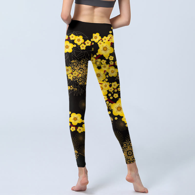 Leggings de sport imprimés Buddha Stones , fleurs de cerisier jaunes, feuilles de bambou et feux d'artifice, pantalons de yoga pour femmes - image 6