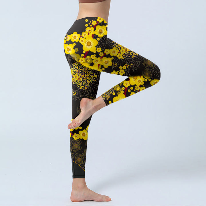 Leggings de sport imprimés Buddha Stones , fleurs de cerisier jaunes, feuilles de bambou et feux d'artifice, pantalons de yoga pour femmes - image 3