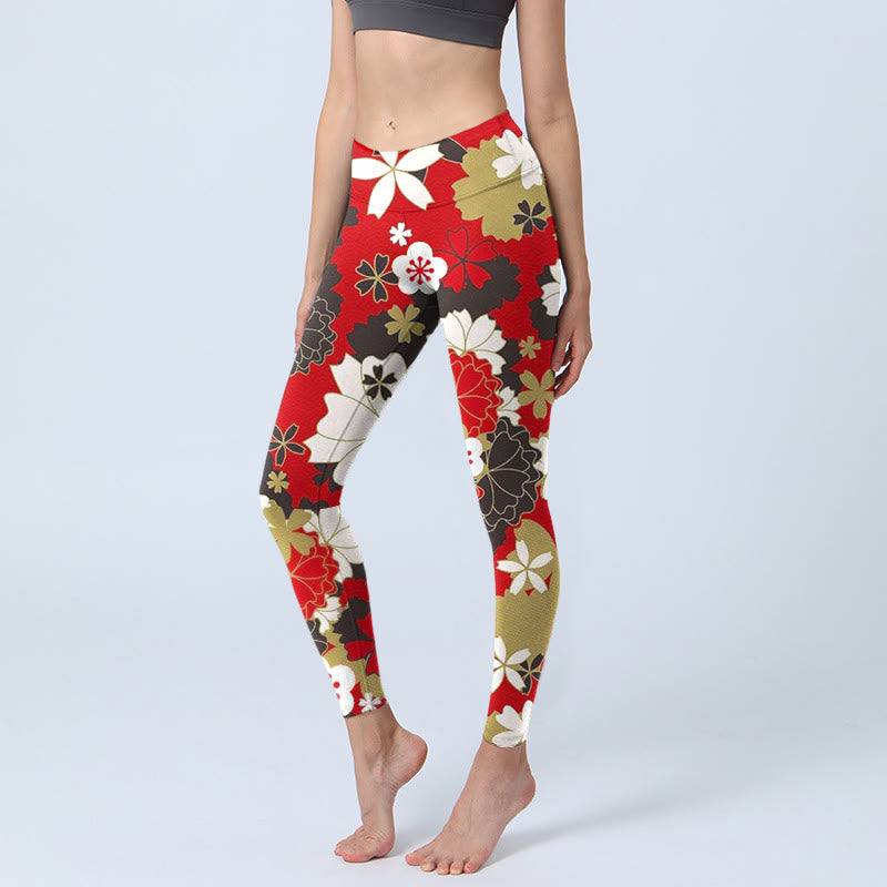 Leggings de sport à imprimé Buddha Stones et pétales de fleurs de cerisier pour femme - Cramoisi - US18，UK/AU22，EU50 (4XL) - image 0