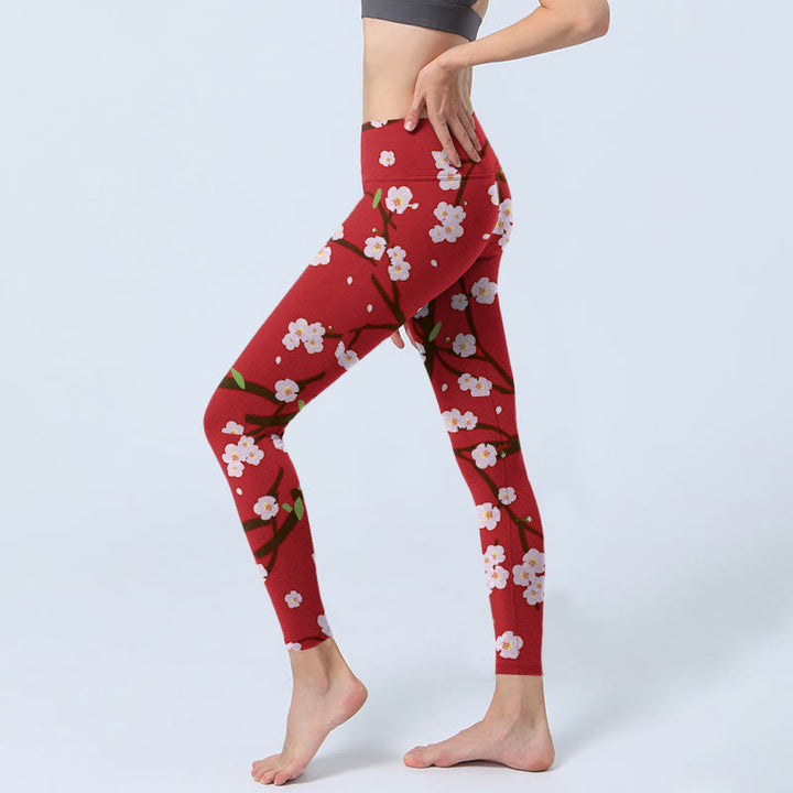 Leggings de sport imprimés Buddha Stones, branches, fleurs de prunier et feuilles, pantalons de yoga pour femmes - image 3