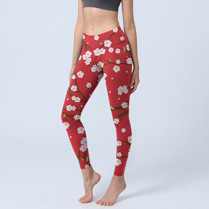 Leggings de sport imprimés Buddha Stones, branches, fleurs de prunier et feuilles, pantalons de yoga pour femmes - Cramoisi - US18，UK/AU22，EU50 (4XL) - image 0