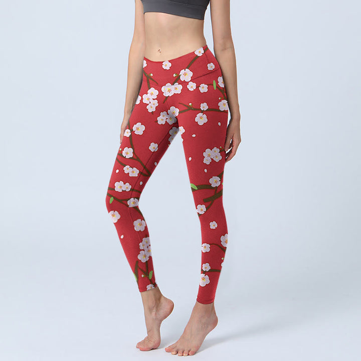 Leggings de sport imprimés Buddha Stones, branches, fleurs de prunier et feuilles, pantalons de yoga pour femmes - Cramoisi - US18，UK/AU22，EU50 (4XL) - image 0