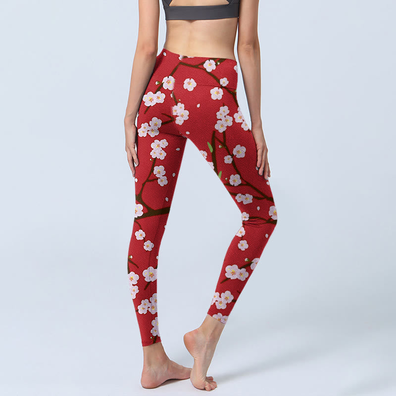 Leggings de sport imprimés Buddha Stones, branches, fleurs de prunier et feuilles, pantalons de yoga pour femmes - image 3