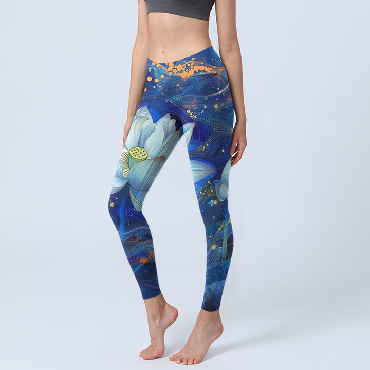 Leggings de sport à imprimé Buddha Stones et lotus blanc en fleurs pour femme - Bleu acier - US18，UK/AU22，EU50 (4XL) - image 1