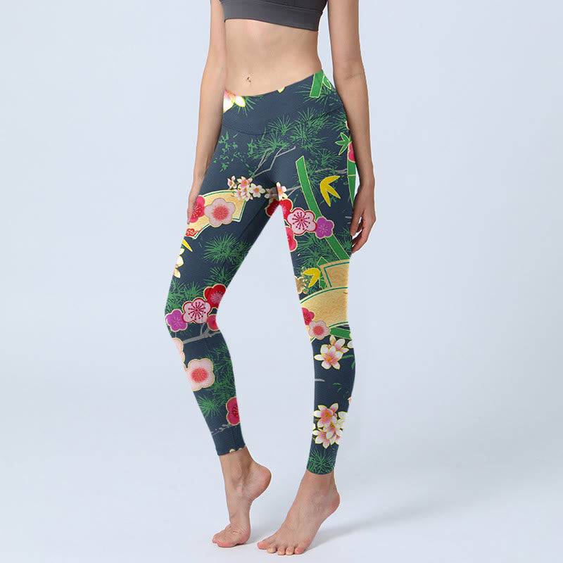 Leggings de sport imprimés Buddha Stones, cerisiers, bambou et pin, pantalons de yoga pour femmes - Vert foncé - US18，UK/AU22，EU50 (4XL) - image 1