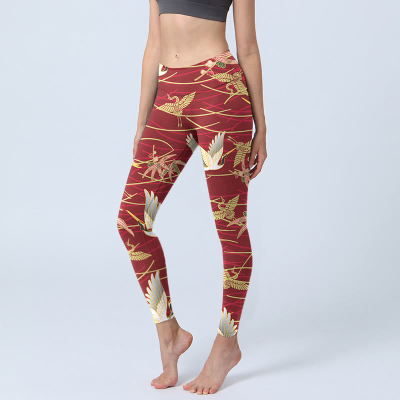 Leggings de sport imprimés Buddha Stones Flying Cranes et branches fines pour femme, pantalon de yoga - Brique réfractaire - US18，UK/AU22，EU50 (4XL) - image 1