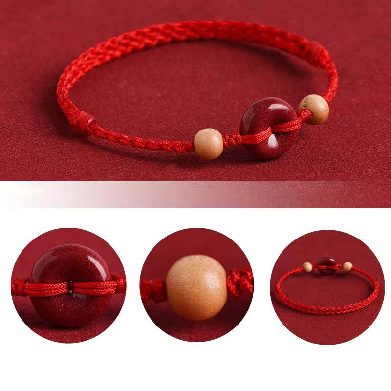 Bracelet de cheville en corde de richesse en cinabre avec boucle de paix en bois de pêcher et Buddha Stones