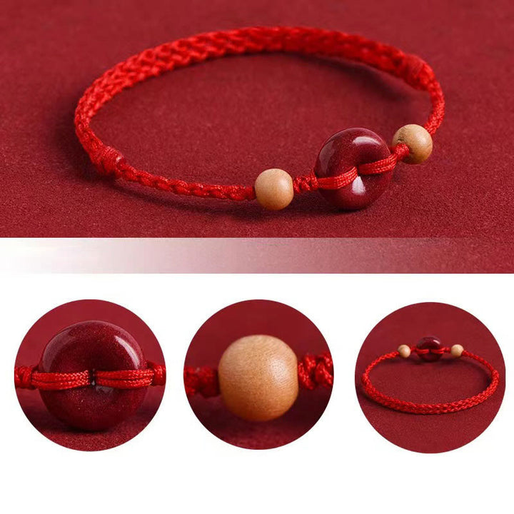 Bracelet de cheville en corde de richesse en cinabre avec boucle de paix en bois de pêcher et Buddha Stones