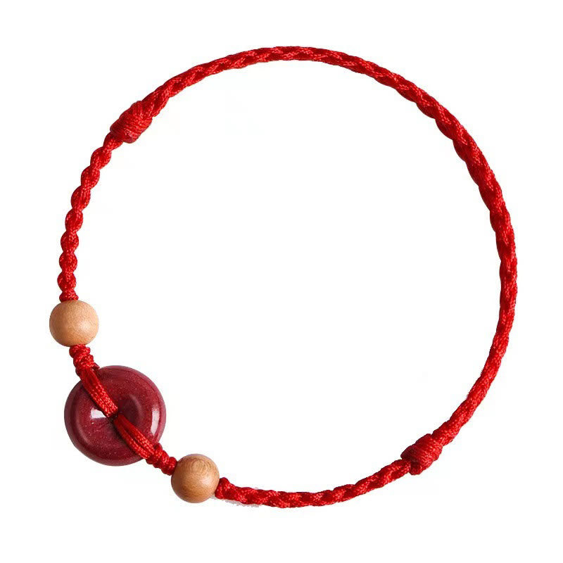 Bracelet de cheville en corde de richesse en cinabre avec boucle de paix en bois de pêcher et Buddha Stones