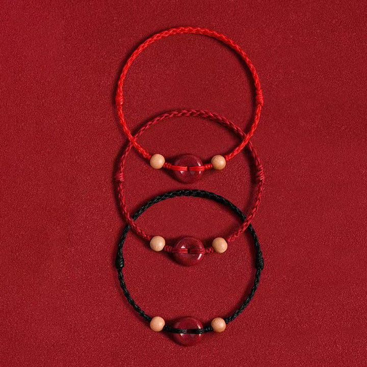 Bracelet de cheville en corde de richesse en cinabre avec boucle de paix en bois de pêcher et Buddha Stones