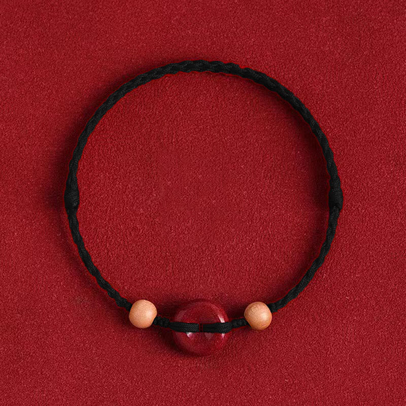 Bracelet de cheville en corde de richesse en cinabre avec boucle de paix en bois de pêcher et Buddha Stones