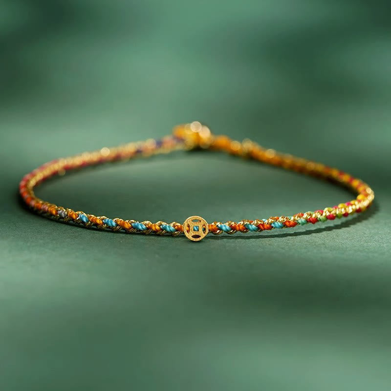 Bracelet tressé extra fin en Buddha Stones, corde colorée, pièce porte-bonheur, perles, abondance - Coloré - Corde avec pièce de cuivre - 20 cm - image 0