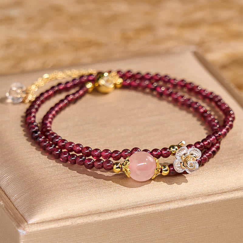 Bracelet double tour en Buddha Stones, fleur naturelle, grenat, cristal rose, calme
