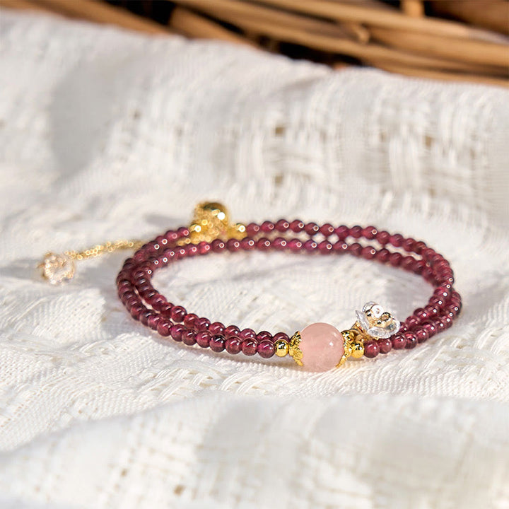 Bracelet double tour en Buddha Stones, fleur naturelle, grenat, cristal rose, calme