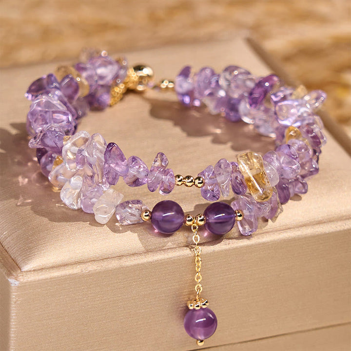 Bracelet double couche de méditation en Buddha Stones irrégulières, améthyste naturelle, citrine et gravier