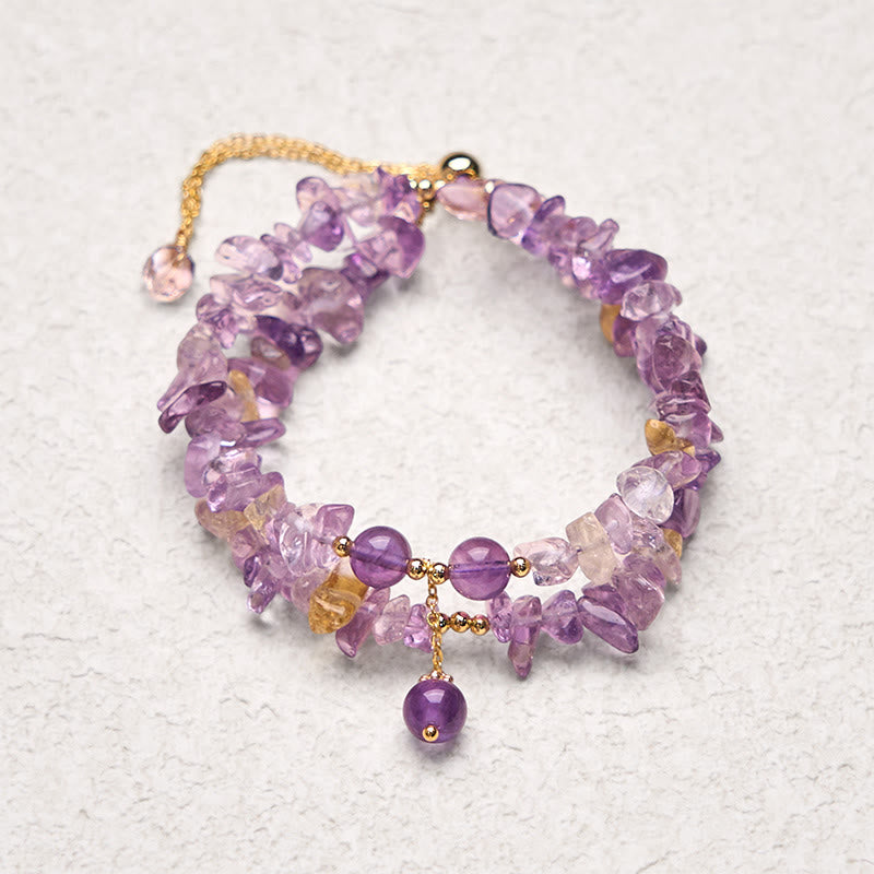 Bracelet double couche de méditation en Buddha Stones irrégulières, améthyste naturelle, citrine et gravier