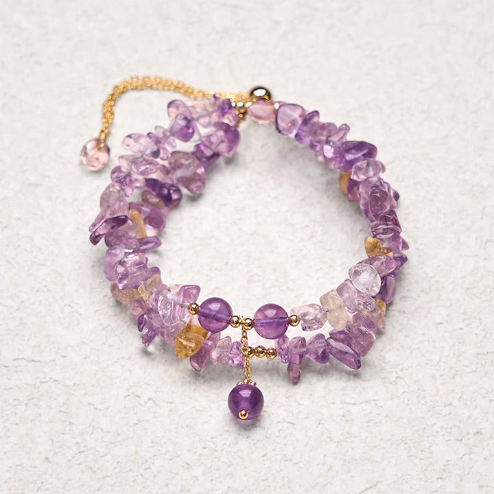 Bracelet double couche de méditation en Buddha Stones irrégulières, améthyste naturelle, citrine et gravier