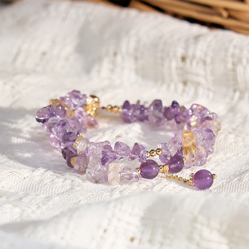 Bracelet double couche de méditation en Buddha Stones irrégulières, améthyste naturelle, citrine et gravier