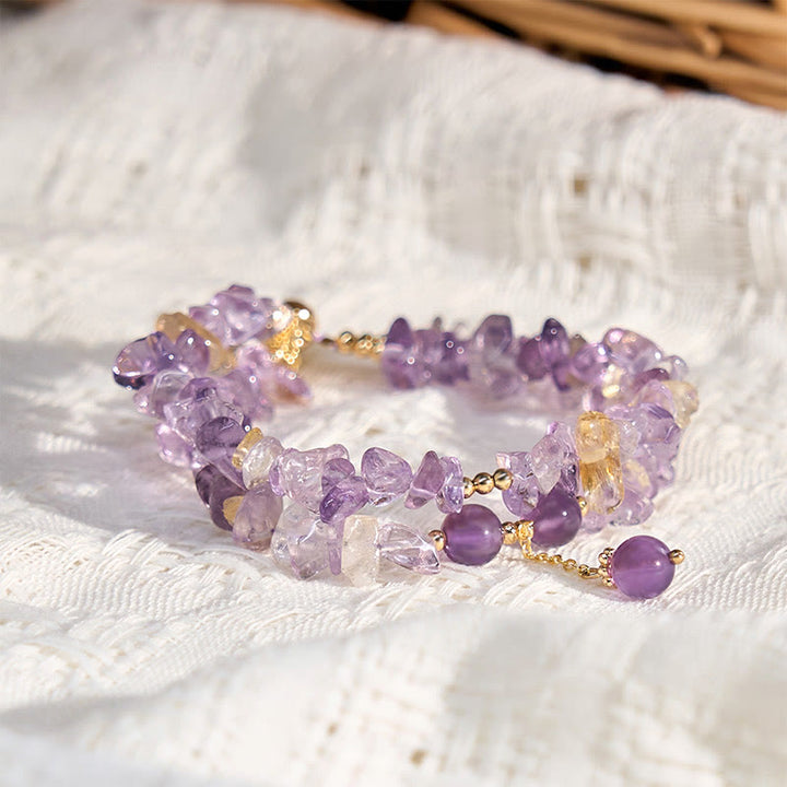 Bracelet double couche de méditation en Buddha Stones irrégulières, améthyste naturelle, citrine et gravier