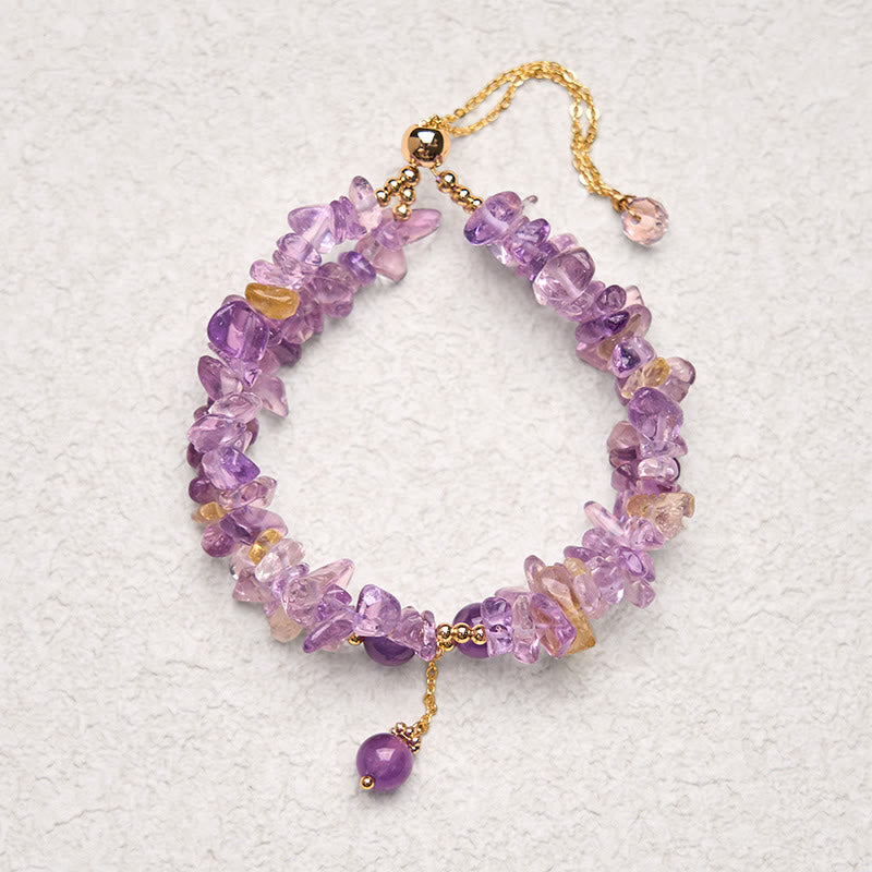 Bracelet double couche de méditation en Buddha Stones irrégulières, améthyste naturelle, citrine et gravier