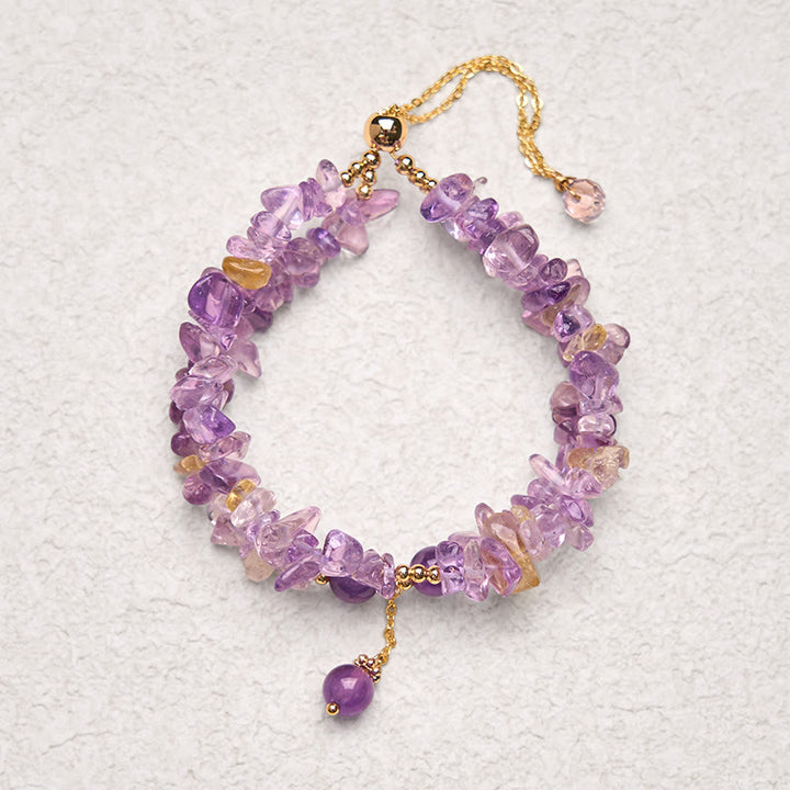 Bracelet double couche de méditation en Buddha Stones irrégulières, améthyste naturelle, citrine et gravier