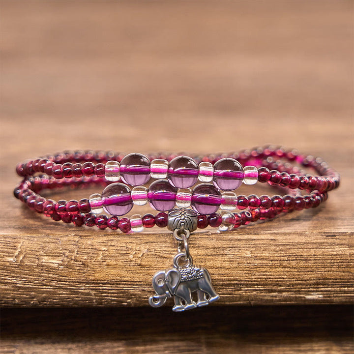 Bracelet triple tour en Buddha Stones, grenat naturel, boulier éléphant, porte-bonheur, protection PiXiu