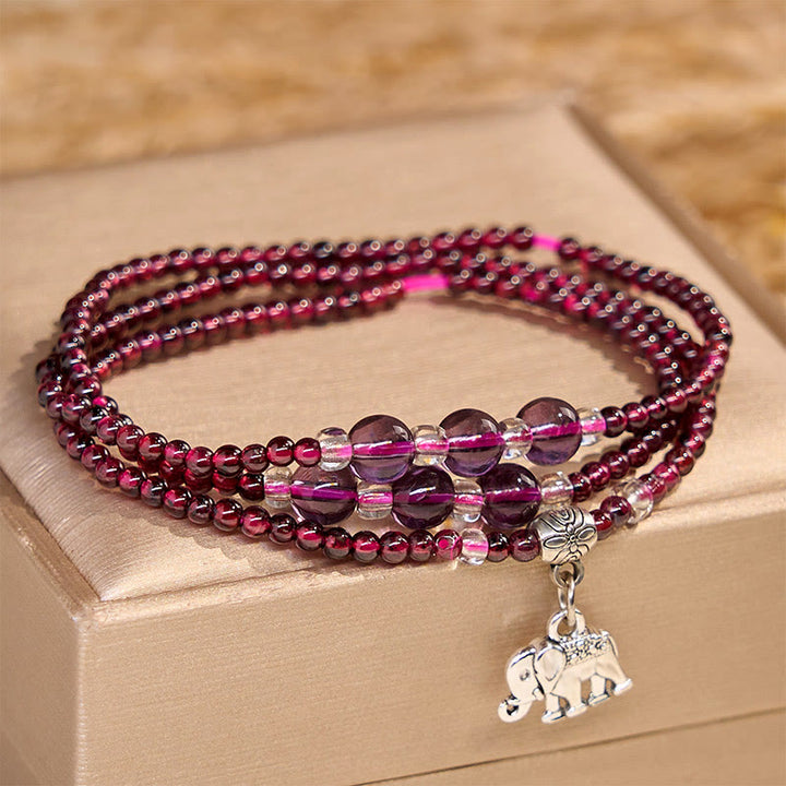 Bracelet triple tour en Buddha Stones, grenat naturel, boulier éléphant, porte-bonheur, protection PiXiu