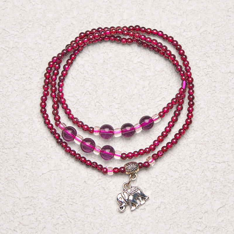 Bracelet triple tour en Buddha Stones, grenat naturel, boulier éléphant, porte-bonheur, protection PiXiu