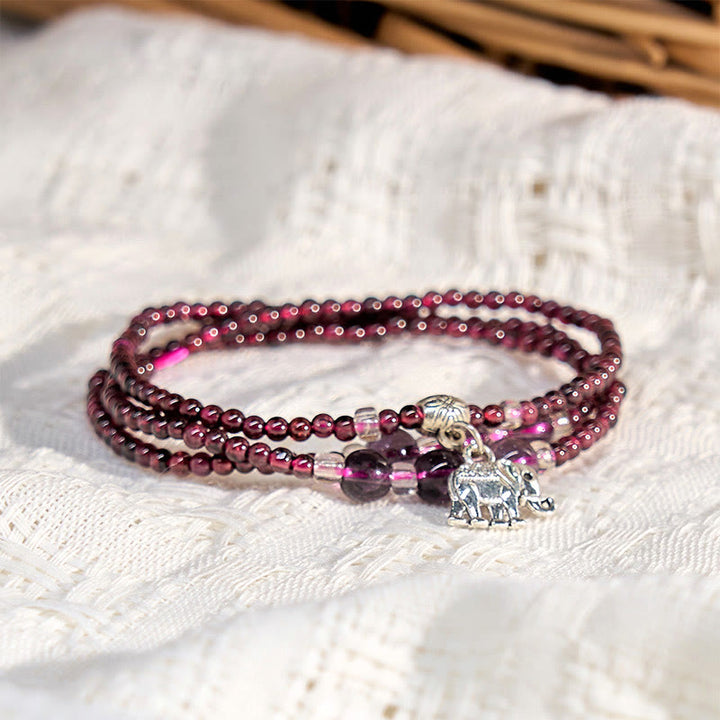 Bracelet triple tour en Buddha Stones, grenat naturel, boulier éléphant, porte-bonheur, protection PiXiu