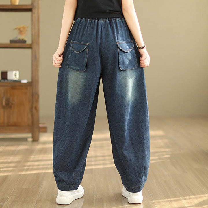 Pantalon sarouel décontracté en coton bleu ardoise foncé pour femme avec cordon de serrage et poches Buddha Stones - image 3